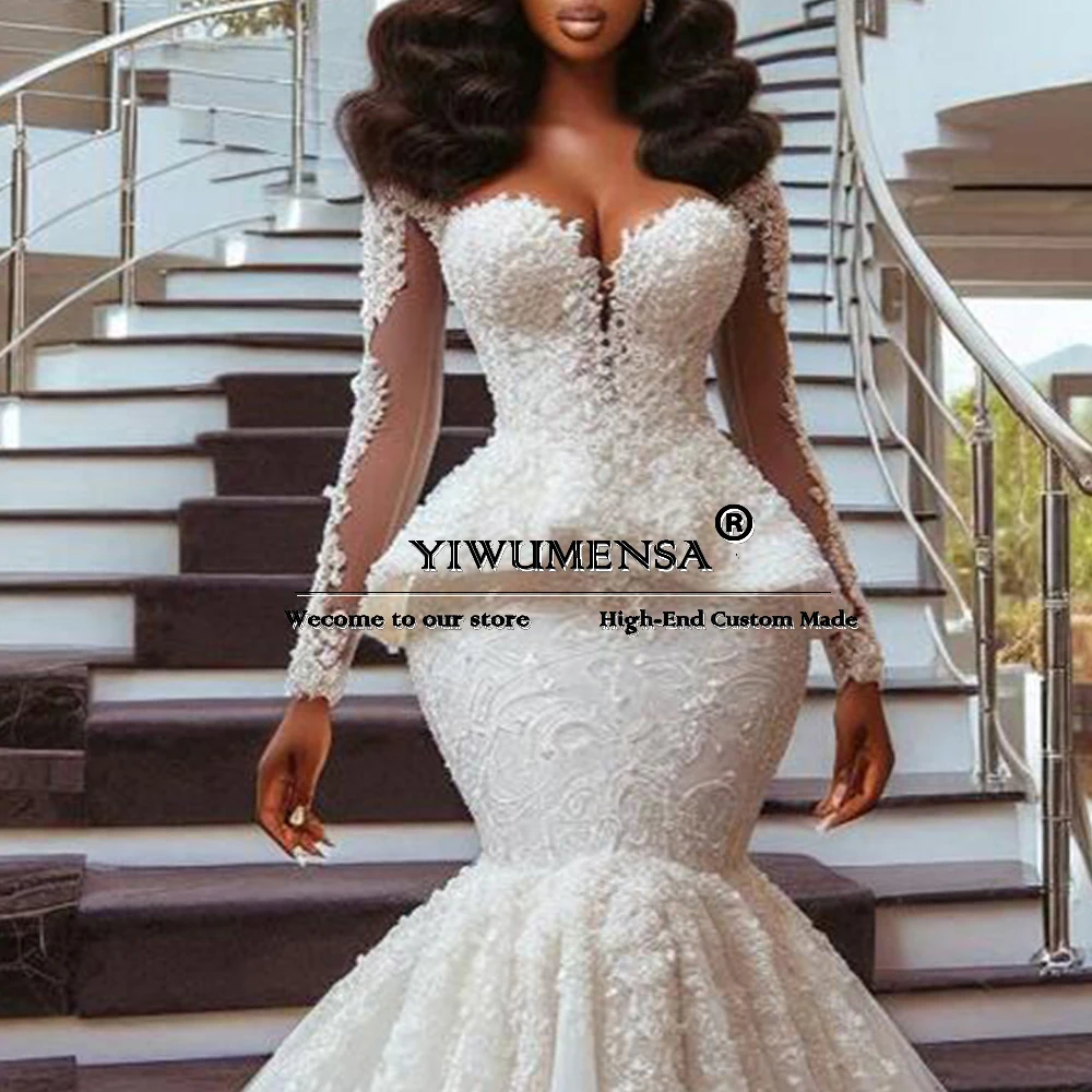 Aso Ebi African Mermaid Wedding Dresses Appliqued Beaded Tiered Skirt Bridal Gowns Customized Long Sleeves свадебное платье 2025