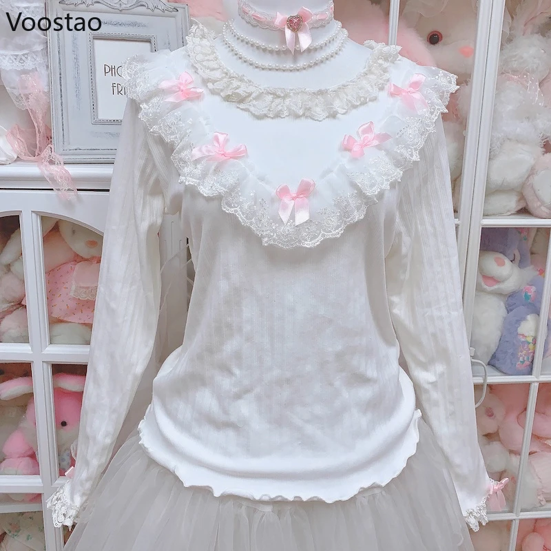 Sweet Lolita Style Sweater Women Casual Cute Bow Lace Ruffles Fairy Knitted Pullovers Korean Female Fashion Kawaii Knitwear Tops