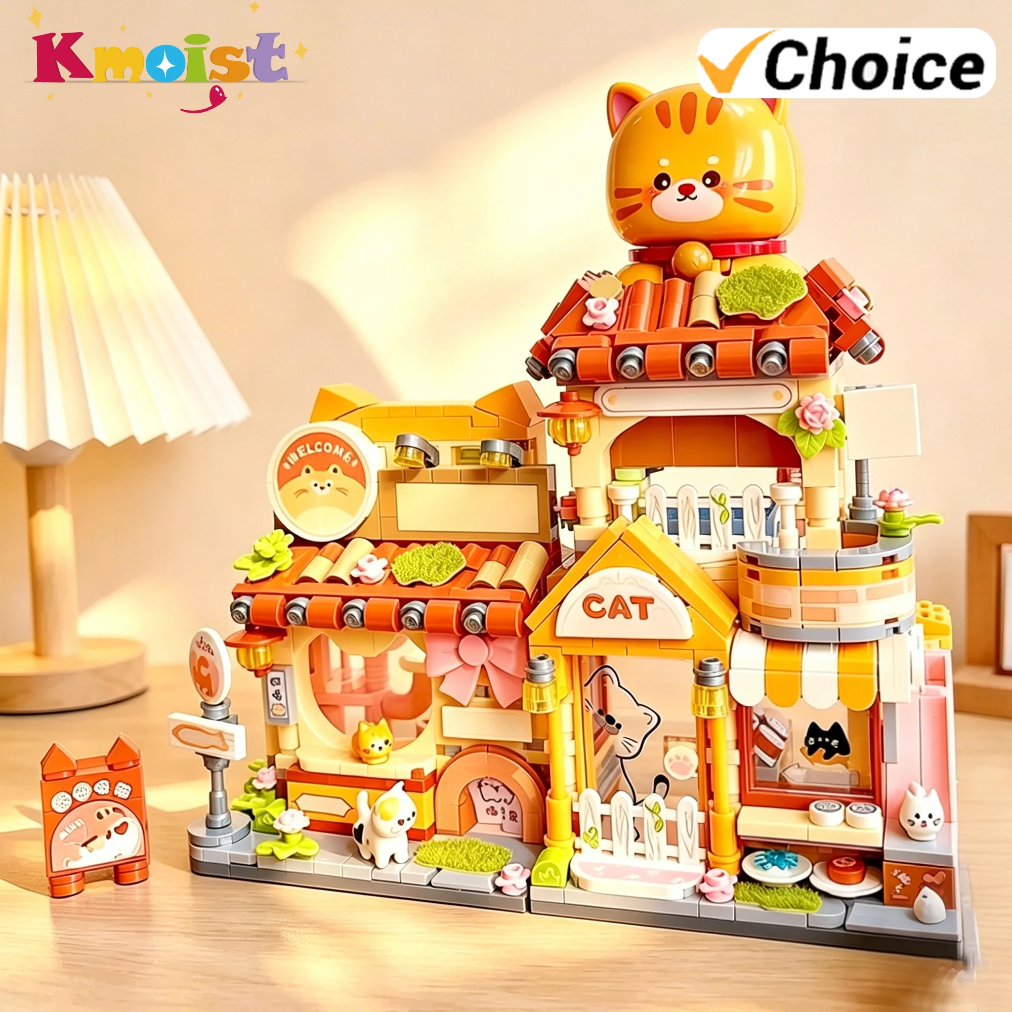 

Folded Street View Building Blocks Jigsaw Puzzle Big Orange Cat Club Heartfelt Gift Shop Brick Block Assembly Toys for Adults