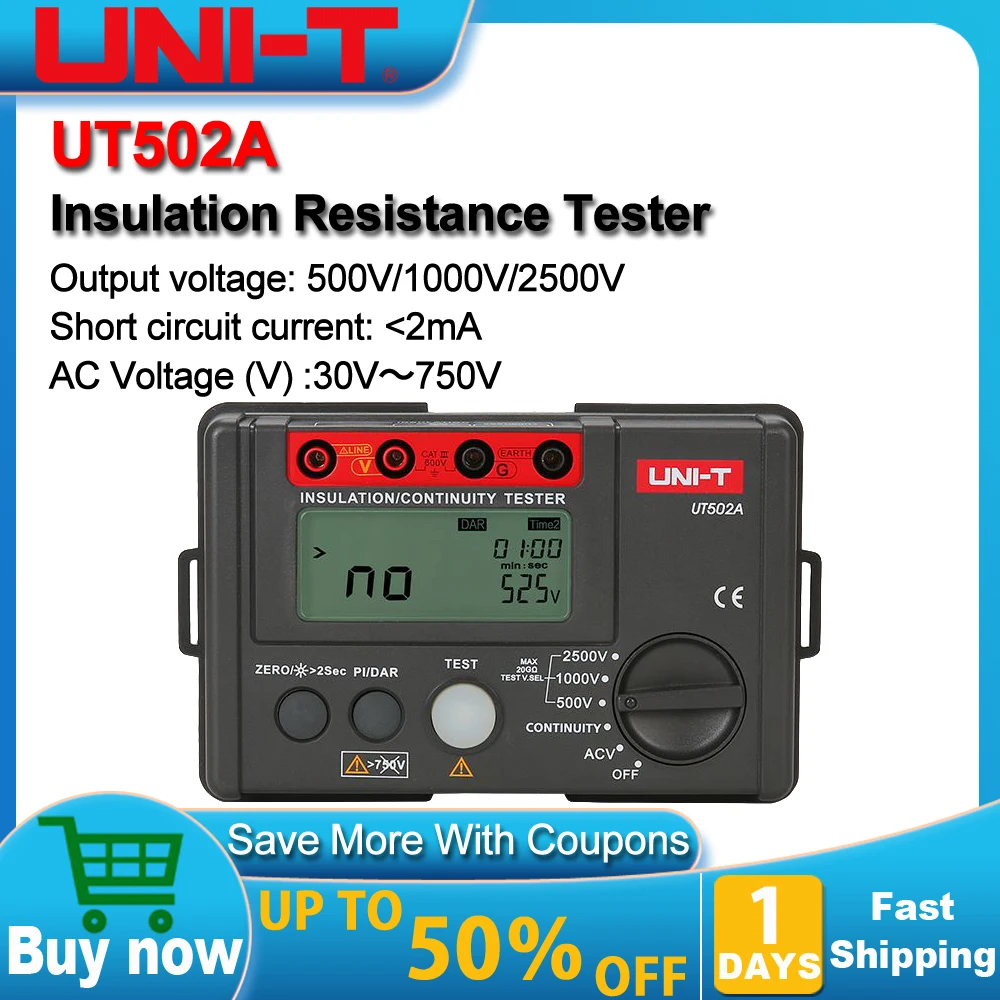 UNI-T UT502A 2500V Digital Insulation Resistance Meter Tester ohmmeter Highly Voltmeter Continuity Tester With LCD Backlight