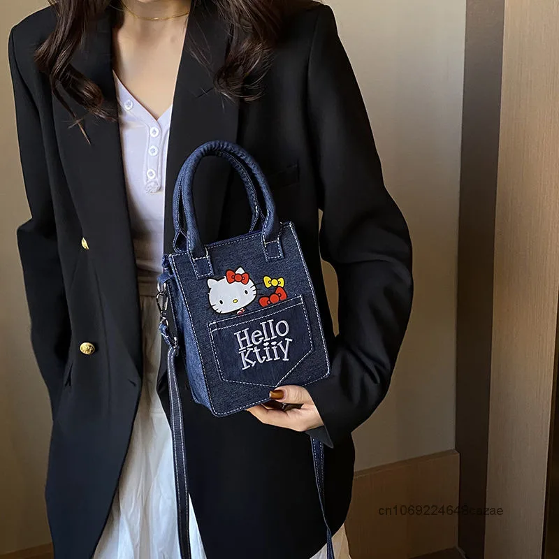 Sanrio Hello Kitty, стильная мини-сумка-тоут, ручная сумка весна-лето 2024, новая джинсовая сумка через плечо, модная сумка на плечо в японском стиле