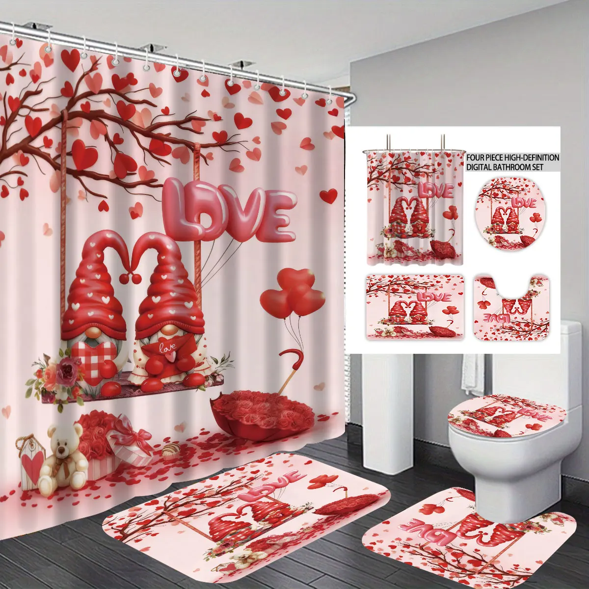 4-teiliges Valentinstag-Badezimmer-Set mit rosa romantischem Liebeszwerg-Aufdruck, 180 x 180 wasserdicht, Duschvorhang, Bodenmatte, U-förmige Toilettenmatte