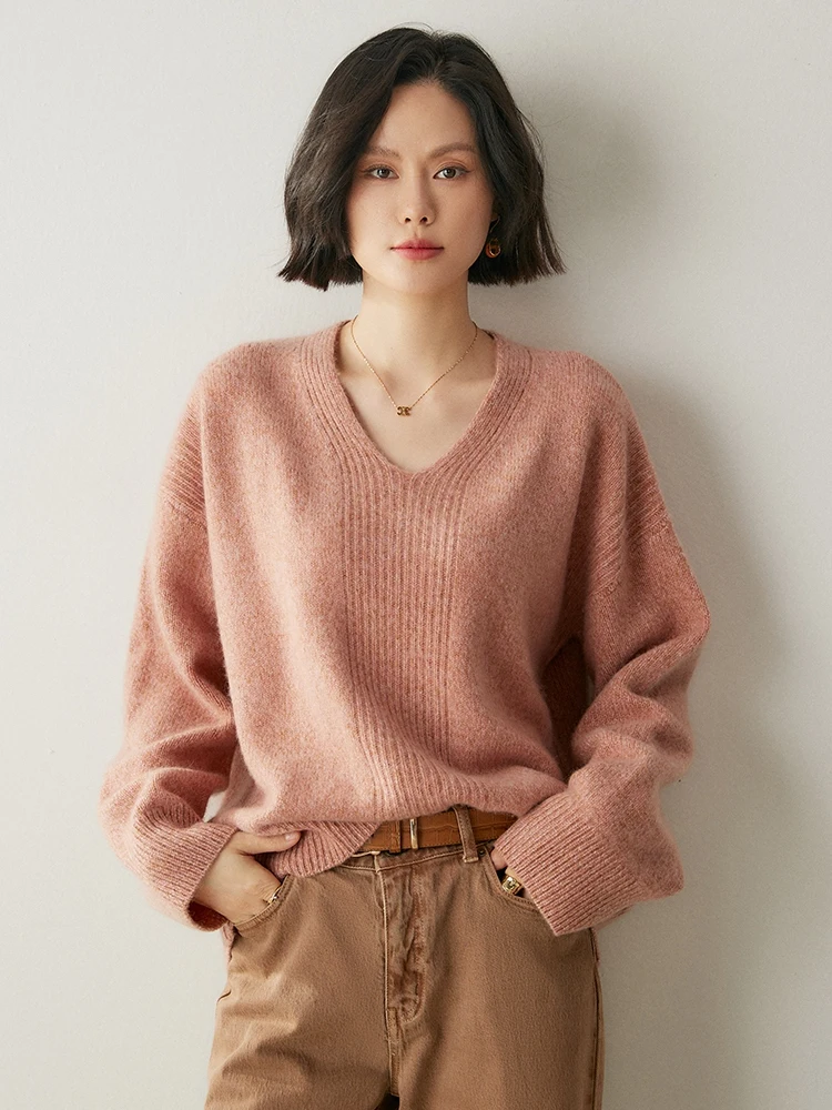 Autumn Winter Women's 100% Cashmere Sweater V-Neck Casual Pullover Thick Soft Warm Knitwear Female Basic Loose Jumper Clothing