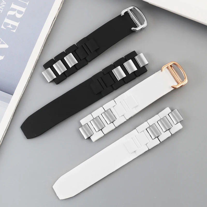 Folding Buckle Rubber Watch Strap With Wubstitute Cartier 21st century W10125U2 Series Convex Interface Silicone Watchband 20mm.