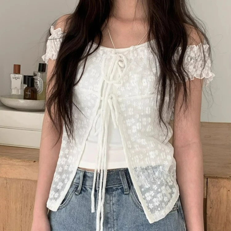 

New Korean Fake Two-piece Lace Halter Top Shirt French Design Short Sleeved Shirts