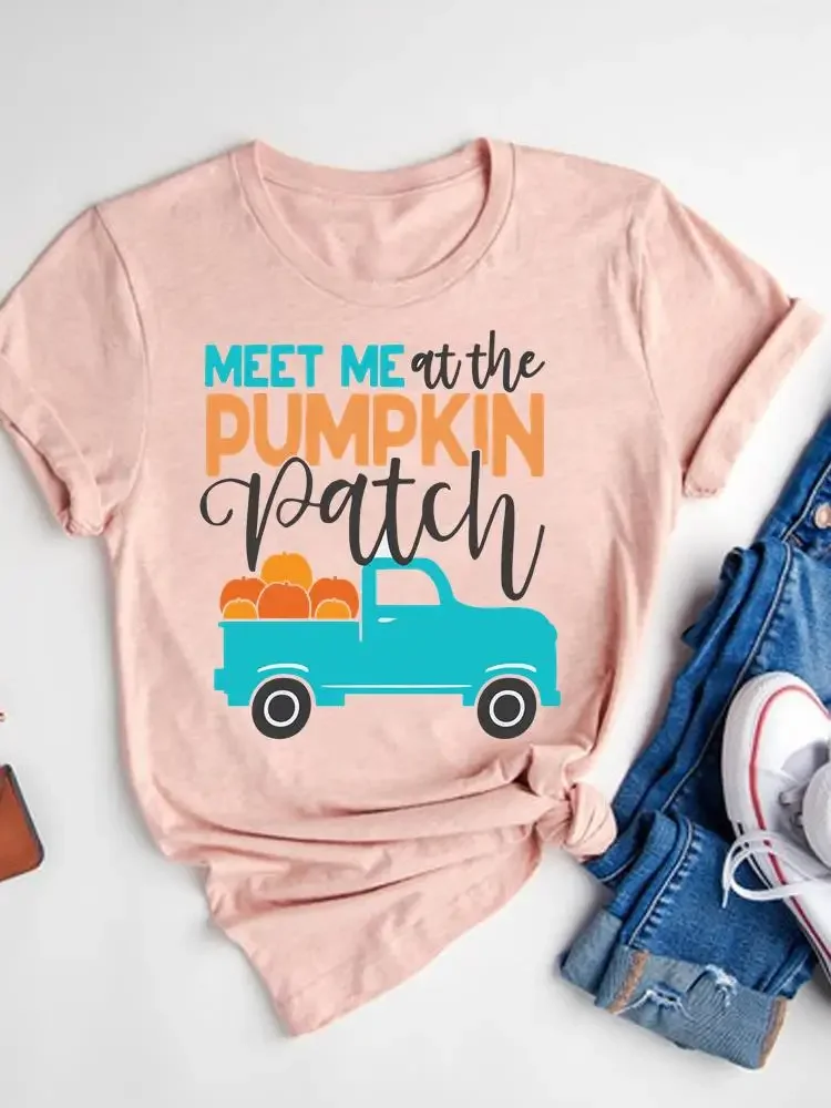 Pumpkin Truck Festival Halloween Fall Autumn T-shirt Thanksgiving Basic Tee Top Clothes Women Graphic Print T Shirt Clothing