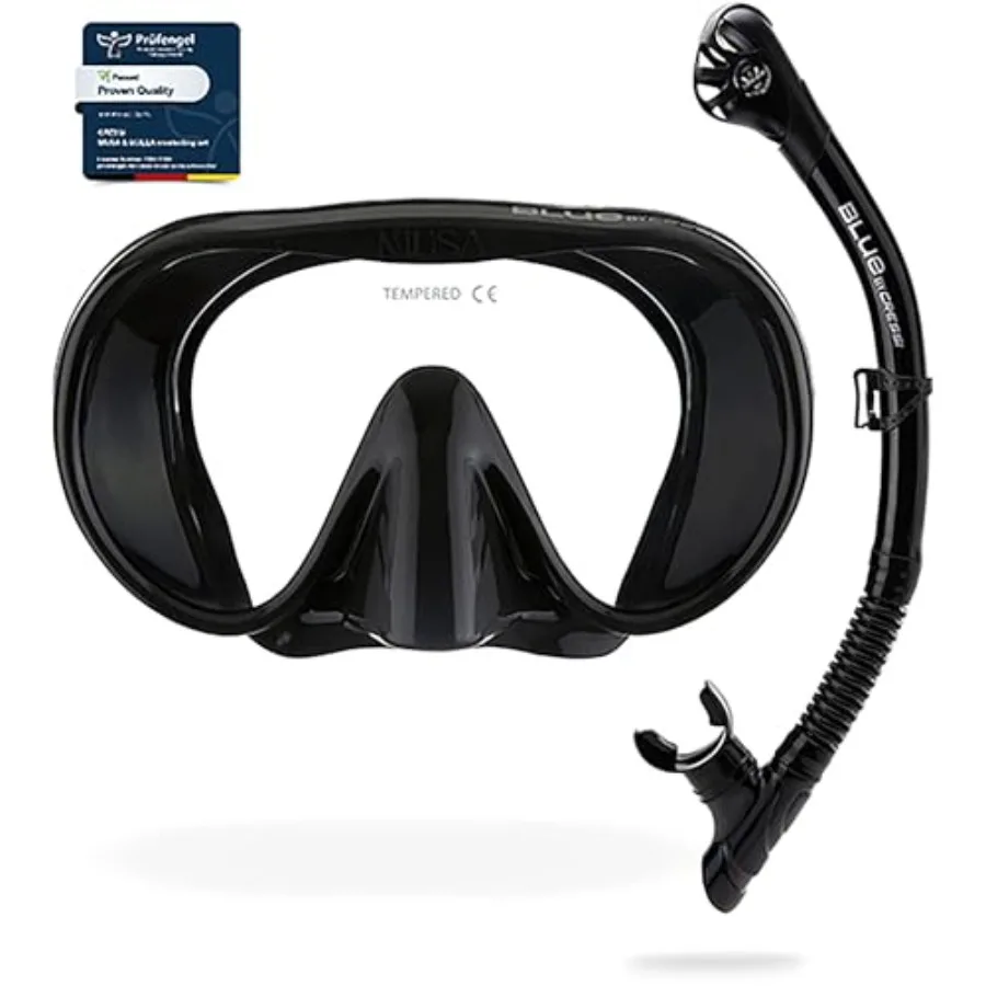 

Adult wide view single lens comfortable snorkeling mask dry snorkel for beach and ocean use, silicone material, black with blue