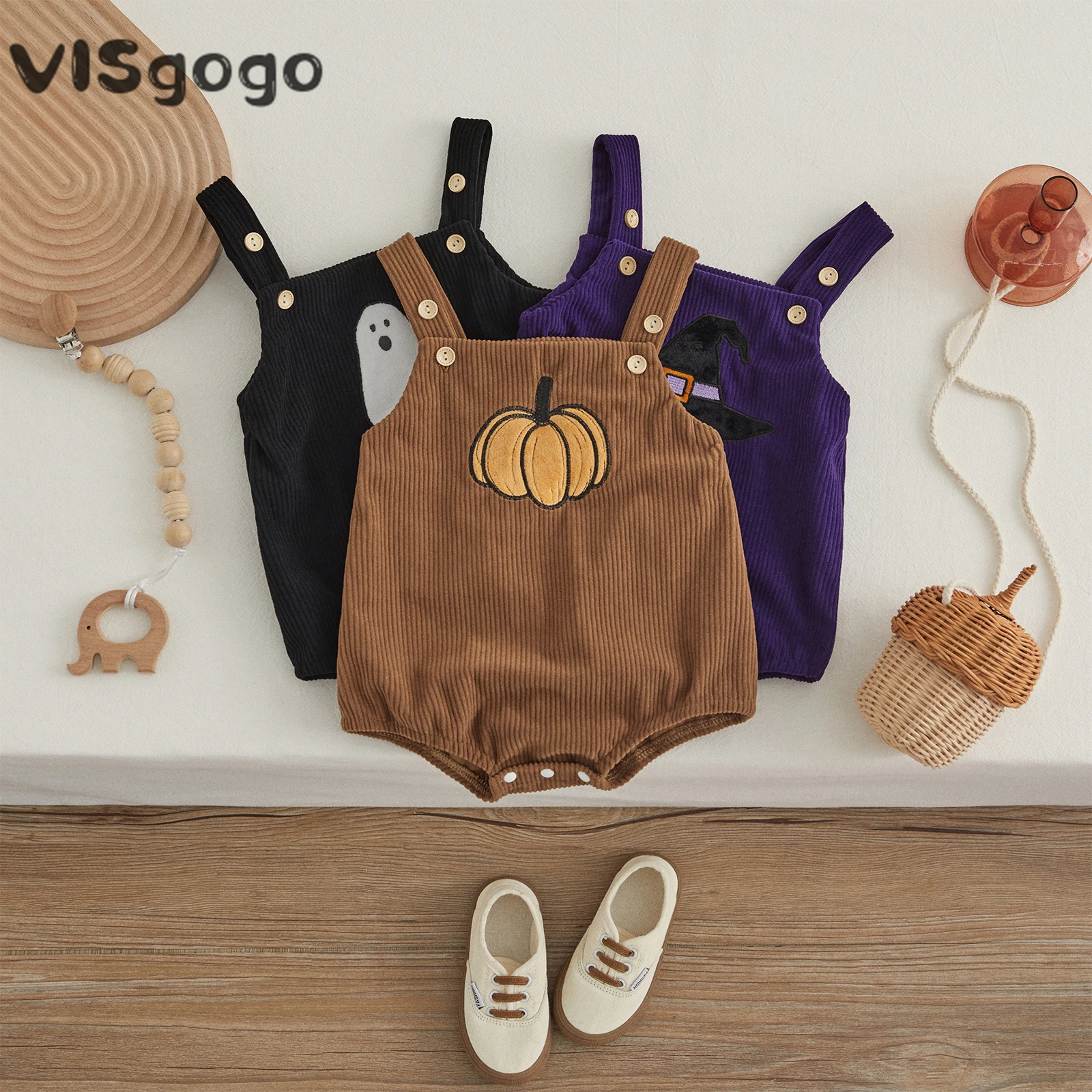 

VISgogo Baby Girls Boys Corduroy Rompers Halloween Clothes Pumpkin/Witch Hat/Ghost Pattern Sleeveless Straps Jumpsuits Bodysuits