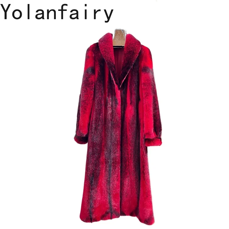 YOLANFAIRY الفاخرة الشتاء الراقية الصليب فرو منك سترات للنساء أنيقة الطبيعية معطف فرو المنك الكامل امرأة 120 سنتيمتر معاطف طويلة