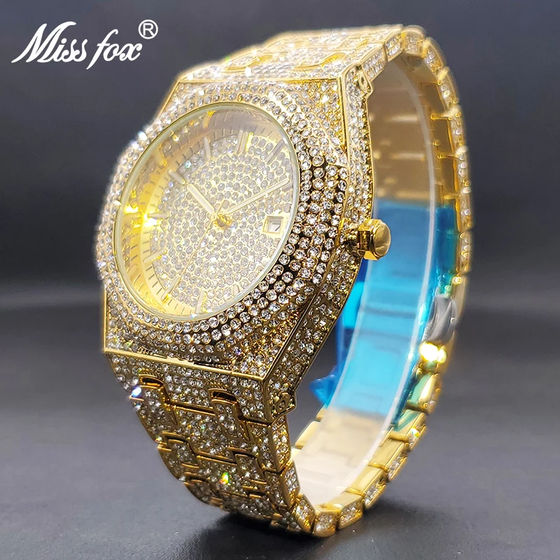 

High Quality Luxury Men's Watches Octagon Gold Full Diamond Quartz Wristwatches For Male Hip Hop Waterproof Calendar Watch New