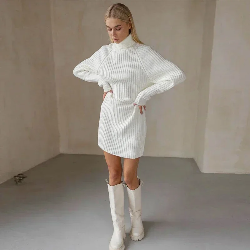 

White Turtleneck Knitted Dresses Woman Winter Autumn Oversized Sweater Dress Fashion Long Sleeve Mini Dress Casual Knitwear