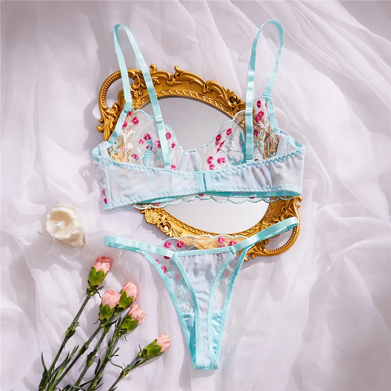 Sexy Women Bra Sets Lace Transparent Romantic Lingerie Underwear Thong See Through Exotic Sets Embroidery Floral Bra Brief Set image 2