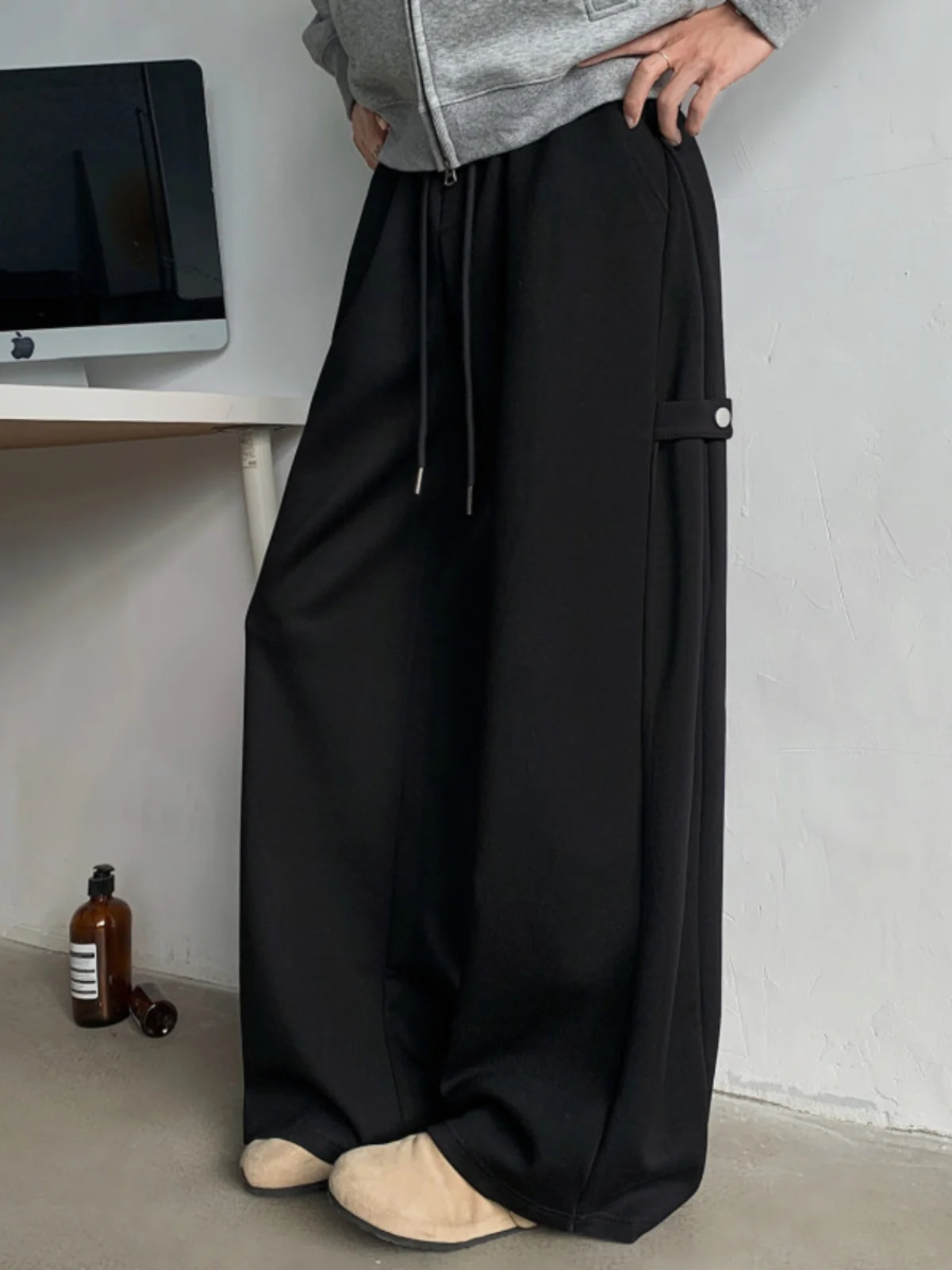 그레이 Deconstructed 스포티 나이프 모양 스웨트 팬츠 남성 가을 겨울 헤비급 아메리칸 하이 스트리트 루즈 와이드 레그 캐주얼 바지