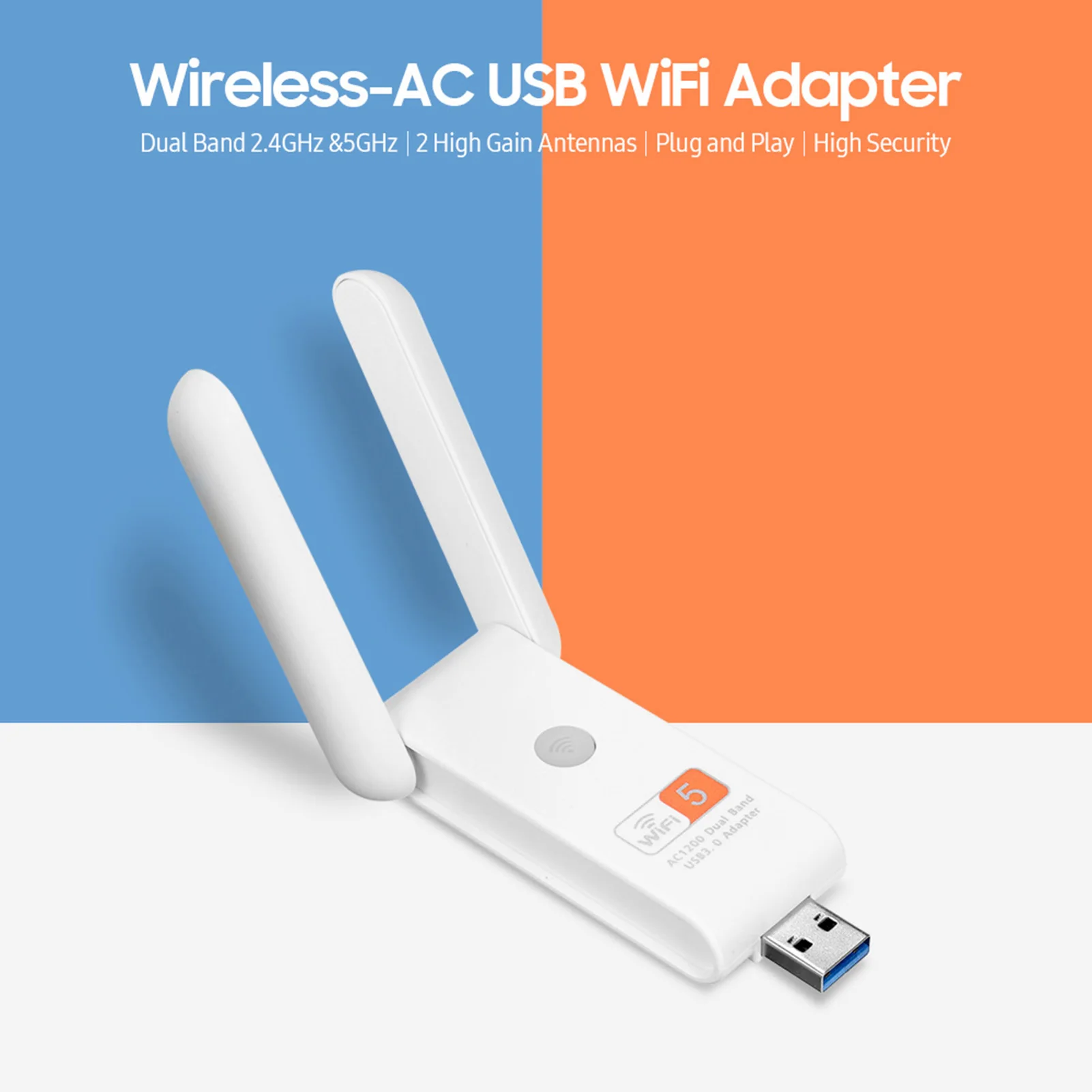Wireless USB WiFi Adapter Dual Band 2.4G(up to 300Mbps) & 5G(up to 866Mbps)/2 High Gain Antennas/High Security/Plug&Play