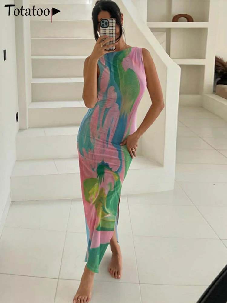 Totatoop Coloful Tie Dye Stampa Abito estivo per le donne 2024 Backless senza maniche Alta fasciatura divisa Abito lungo Beach Robe Ladies