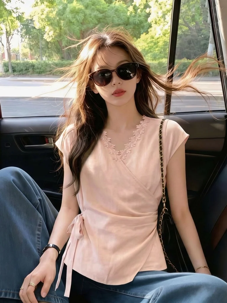

Pink Lace Trim V-Neck Shoulder Shirt Women's Beautiful Slim Fit Top Korean Style Commute Wind Loose Fit Short Sleeve Shirt