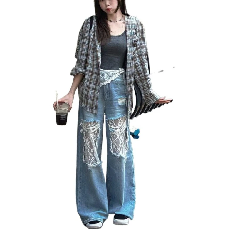 Heavy Industry Lace Stitching Hole Jeans Female Design Sense 2025 Summer Loose Straight Mop Pants
