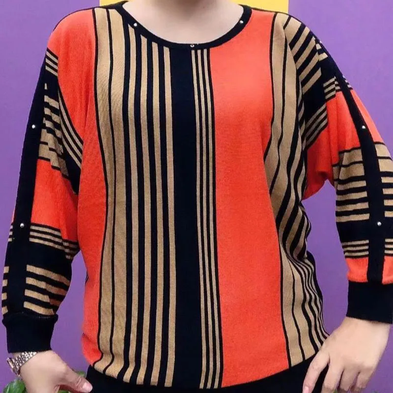 Women\'s Spring Autumn Contrasting Colors Striped Tops Causal Commute Stylish Rivets O-Neck Knitted Long Sleeve Vintage Pullovers