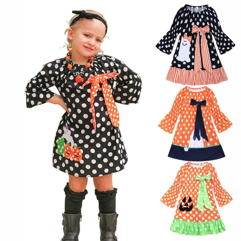 Halloween Girls Dress Casual Kids Festival Clothes Cartoon Ghost Dot Print Children Princess Dress Kids Long Sleeve Bow Dresses