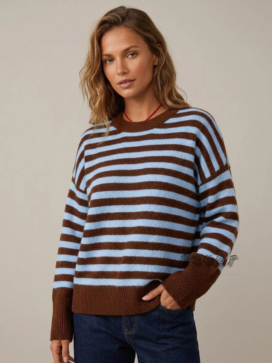 Autumn Winter Striped Knit Loose Pullovers Sweaters Women O-neck Long Sleeve Jumpers Streetwear Elegant Splice Casual Sweater