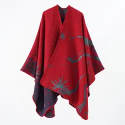 Autumn Winter New Street Geometric Lattice Flower Pattern Imitation Cashmere Warm Shawl Cloak Women Poncho Capes Red