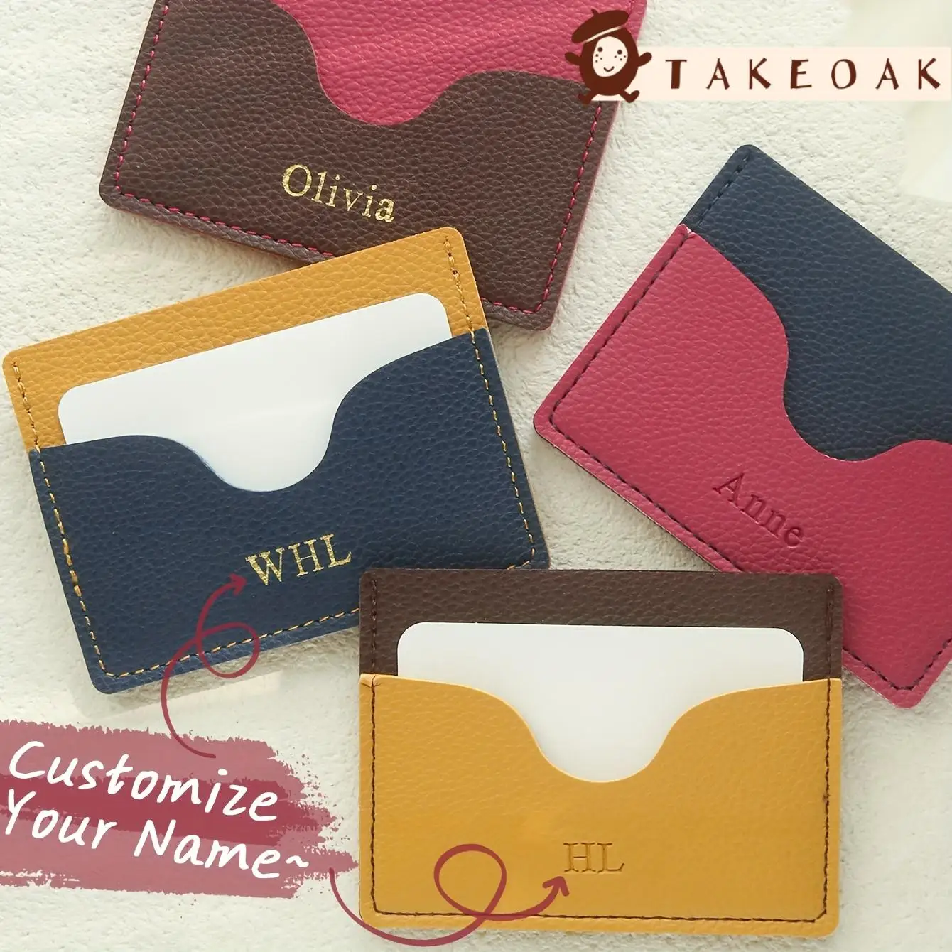 Custom Name Two-Tone Leather Card Holder Personalized Engraved Slim ID/ Credit Card Case  Wallet for Gift