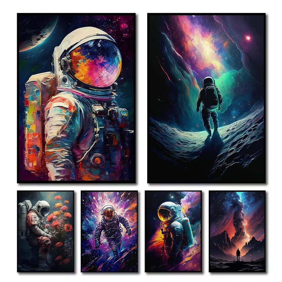 Sci-fi Retro Astronaut Colourful Spaceman and Flowers Solar System Planet Poster Canvas Painting Wall Art Pictures Home Decor