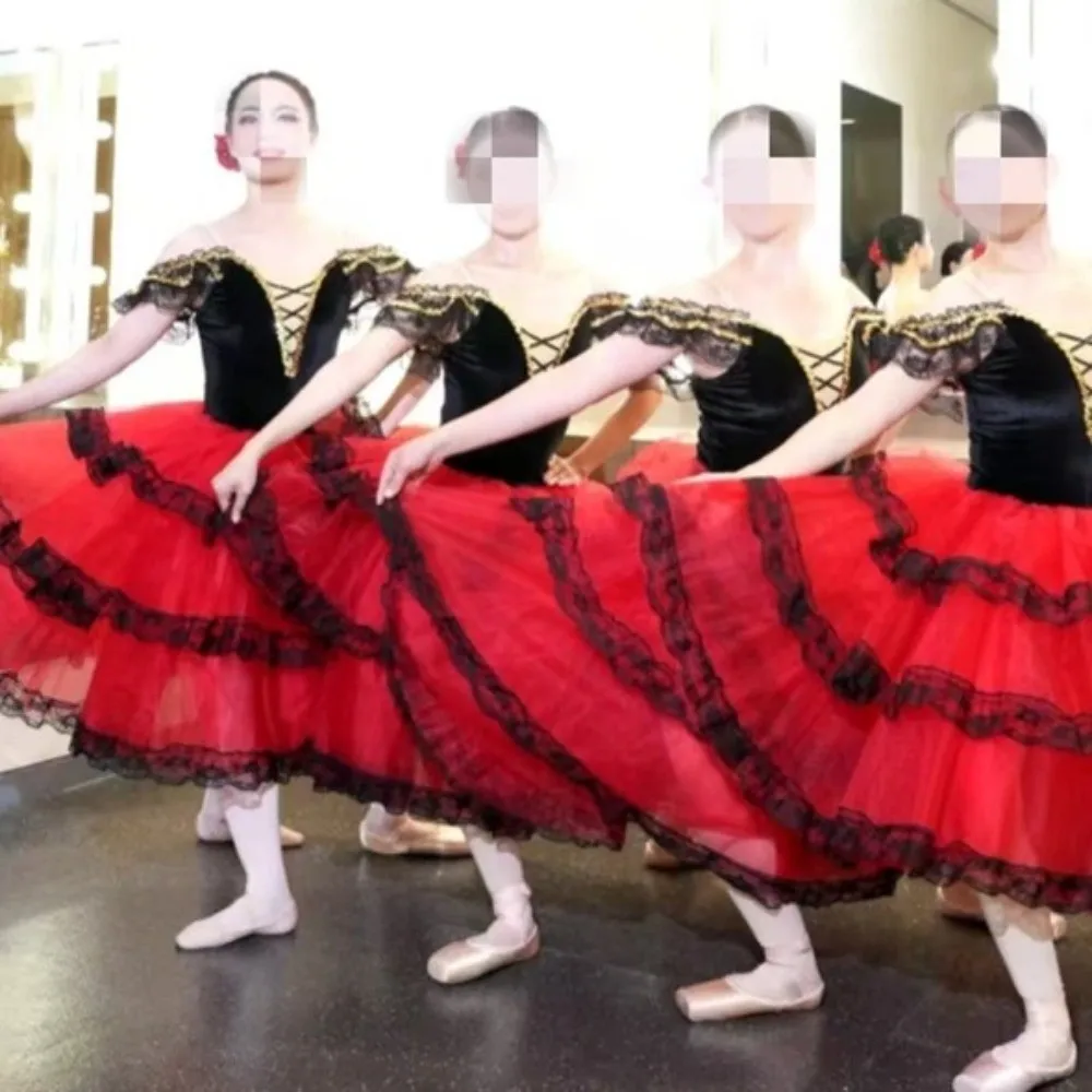 Sukienka baletowa z cekinami, czerwona, romantyczna, strój do występów, profesjonalne długie kostiumy taneczne, taniec