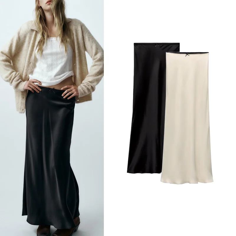 

Spring New Women's Satin Lace Trim Sexy Fi Tail Skirt Silk Satin Texture f Skirt Polyester Fiber 00% Midi Skirt