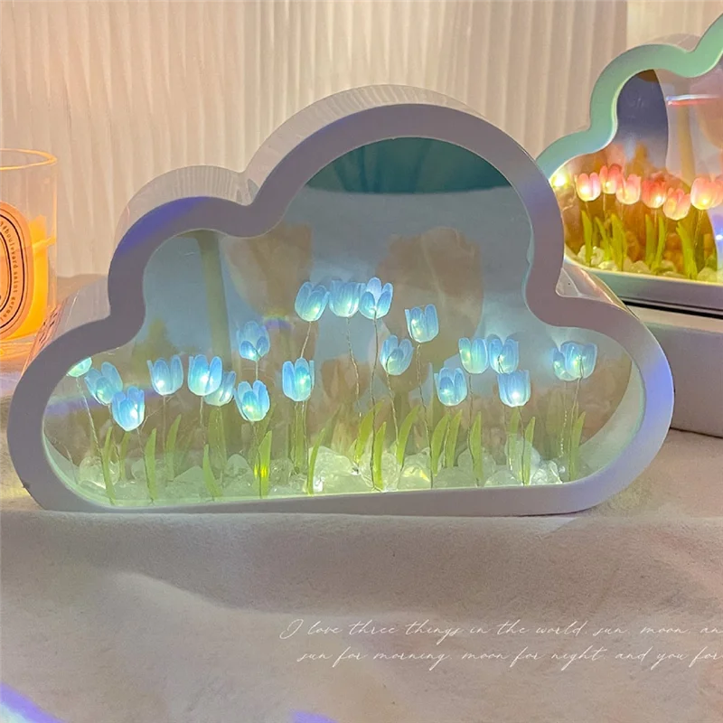 AC88-DIY سحابة توليب LED ضوء الليل فتاة غرفة نوم الحلي إطار صور مرآة مصابيح طاولة السرير اليدوية دائم ، أ #3