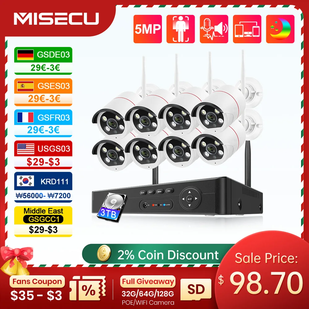 

MISECU 8CH Wireless Security System Outdoor 5MP WIFI Face Detect Audio Recorder Vision Video Surveillance Protection Kit ONVIF