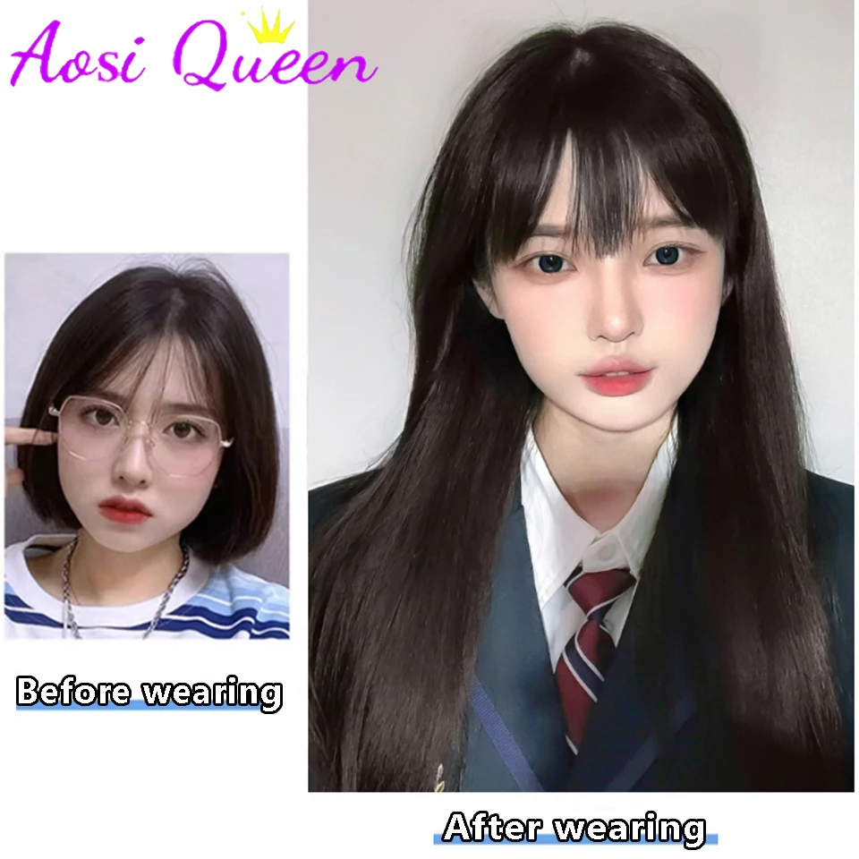 AOSI Synthetic Wig Female Air Bangs Long Hair Lolita Long Straight Hair COS Daily Heat-resistant Chemical Fiber Wig