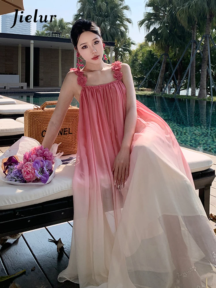 

Jielur Summer Seaside Holiday Beach Skirt Pink Gradual Suspender Silk Long Female Dress Embroidered Sweet Loose Women's Dress