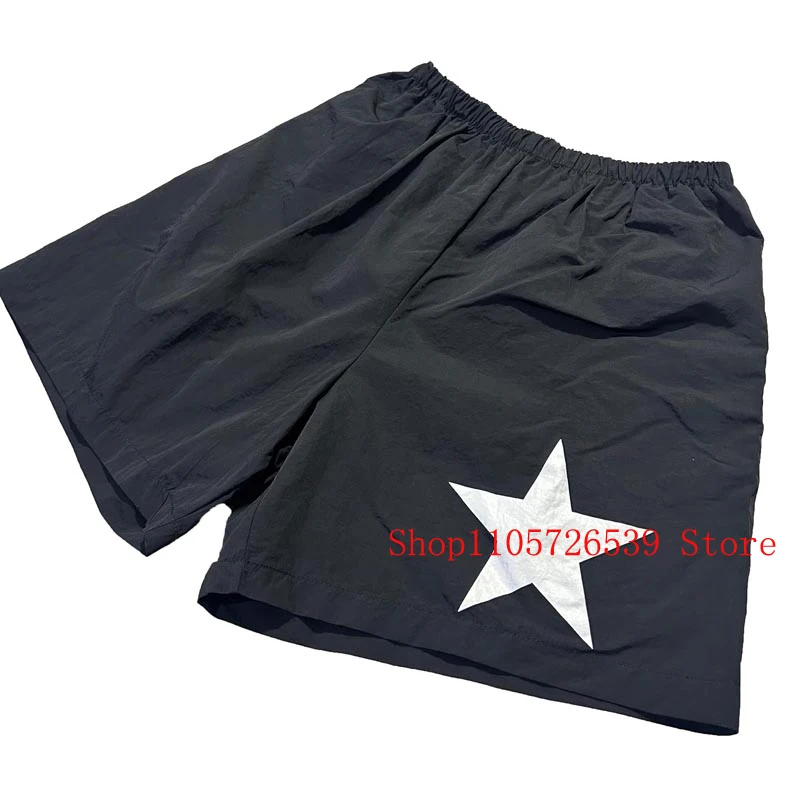 new Black Elastic‑waist Casual Shorts White Star Print Loose‑fit Streetwear Quick‑dry Kanye West Short Pants