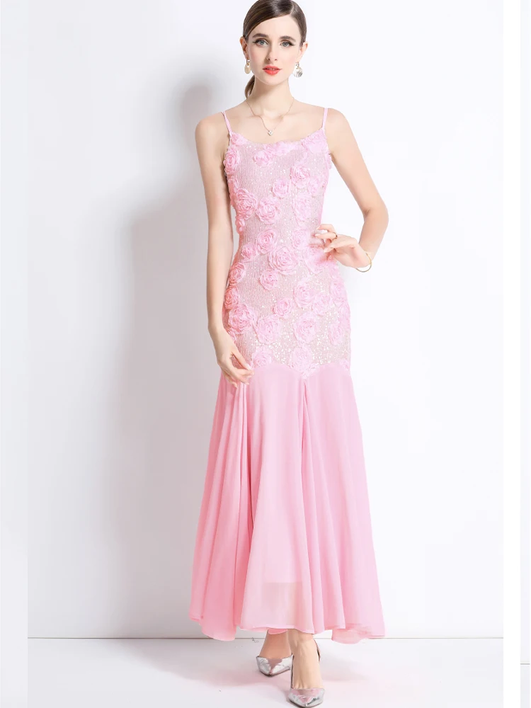 

Elegant Embroidered Rose Sparkle Chiffon Splicing Strap Dress 2025 Summer New Fashionable Women'S Clothing