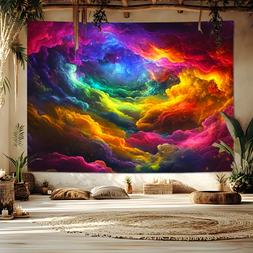 Der Hintergrundstoff zeigt einen farbenfrohen und psychedelischen Himmel mit aufwendigen Muster in den Wolken.