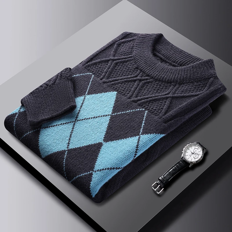 

Роскошный клетчатый жаккардовый свитер с цветными блоками мужской роскошный брендовый утолщенный зимний новый теплый повседневный вязаный пуловер в стиле ретро с круглым вырезом