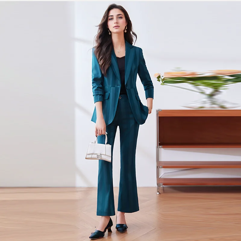 ZJYT Elegant Chic Women\'s Blazer Suit Trousers 2 Piece Matching Set Autumn Striped Jacket Coat Pant Sets Office Lady Outfit XXXL