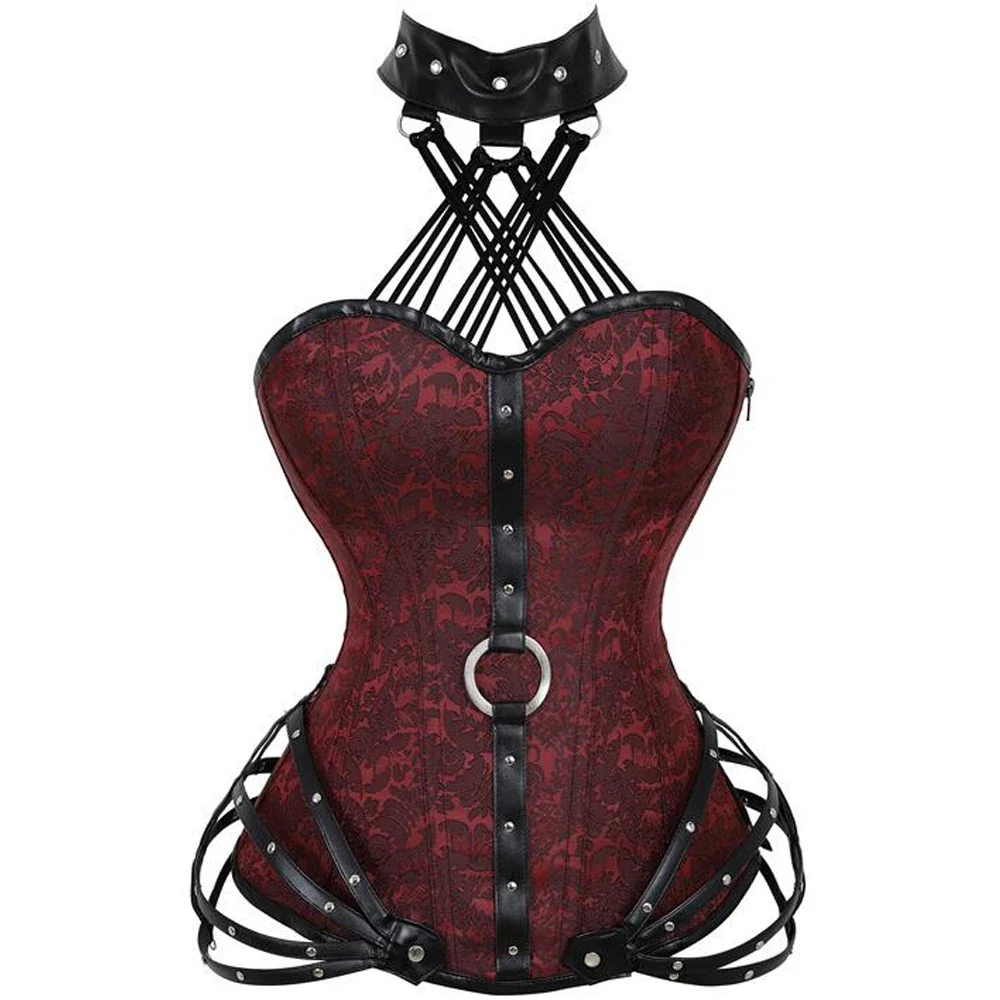 Top de couro Halterneck Bustier para mulheres, tamanho positivo, espartilho Overbust desossado aço, shaper do corpo vintage, corselet steampunk,