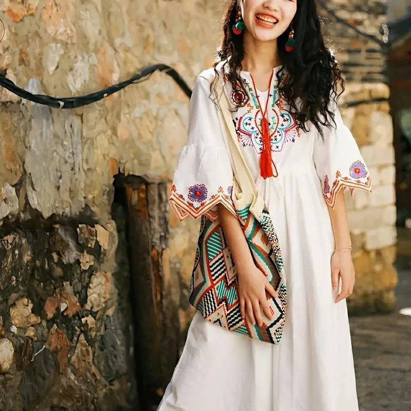 Women\'s Short Sleeve Ukrainian Dress Embroidered Pleated Midi A-line Traditional Floral Bohemian Cotton Linen Dresses