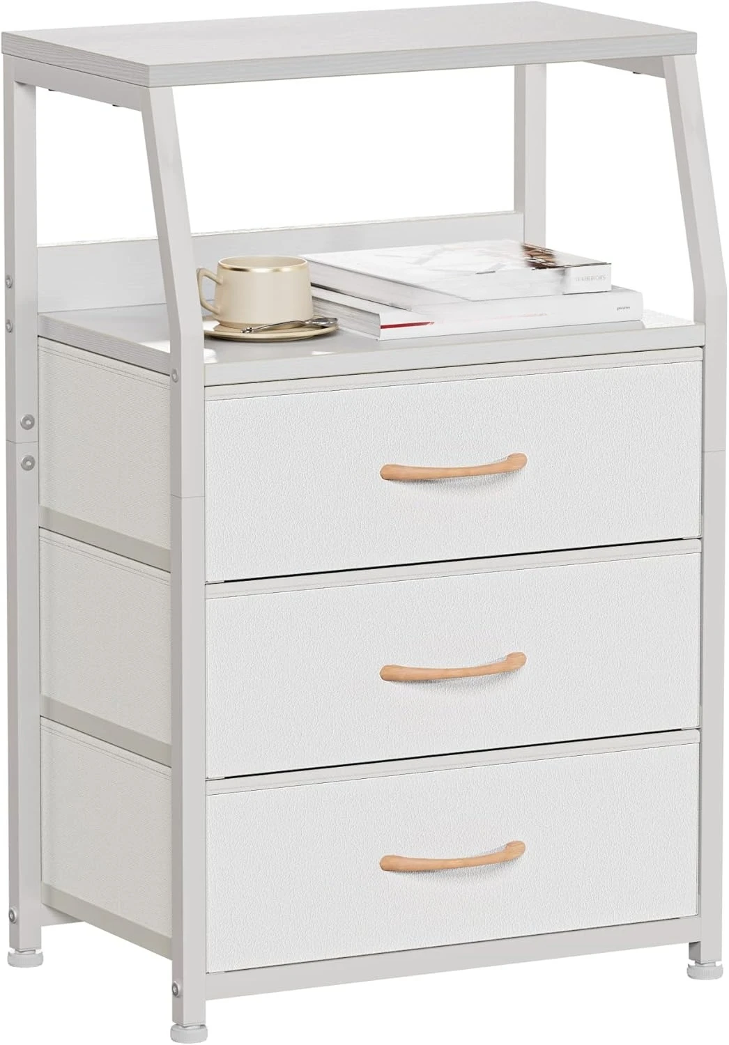 

White Nightstand 3 Drawers 2-Tier Shelf Small Bedside Table Fabric Storage Steel Frame Wood Top for Bedroom