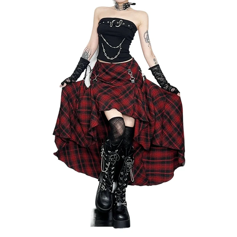 

American Retro Subculture Style Punk Rock Hot Girl High Waist A-line Irregular Sweet Cool All-matched Plaid Long Skirts Woman