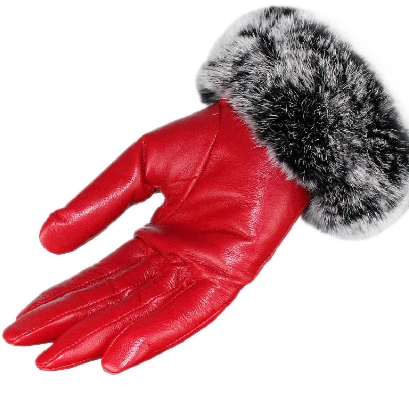 

Cycling ski leather gloves, outdoor mountaineering women's red fox fur gloves