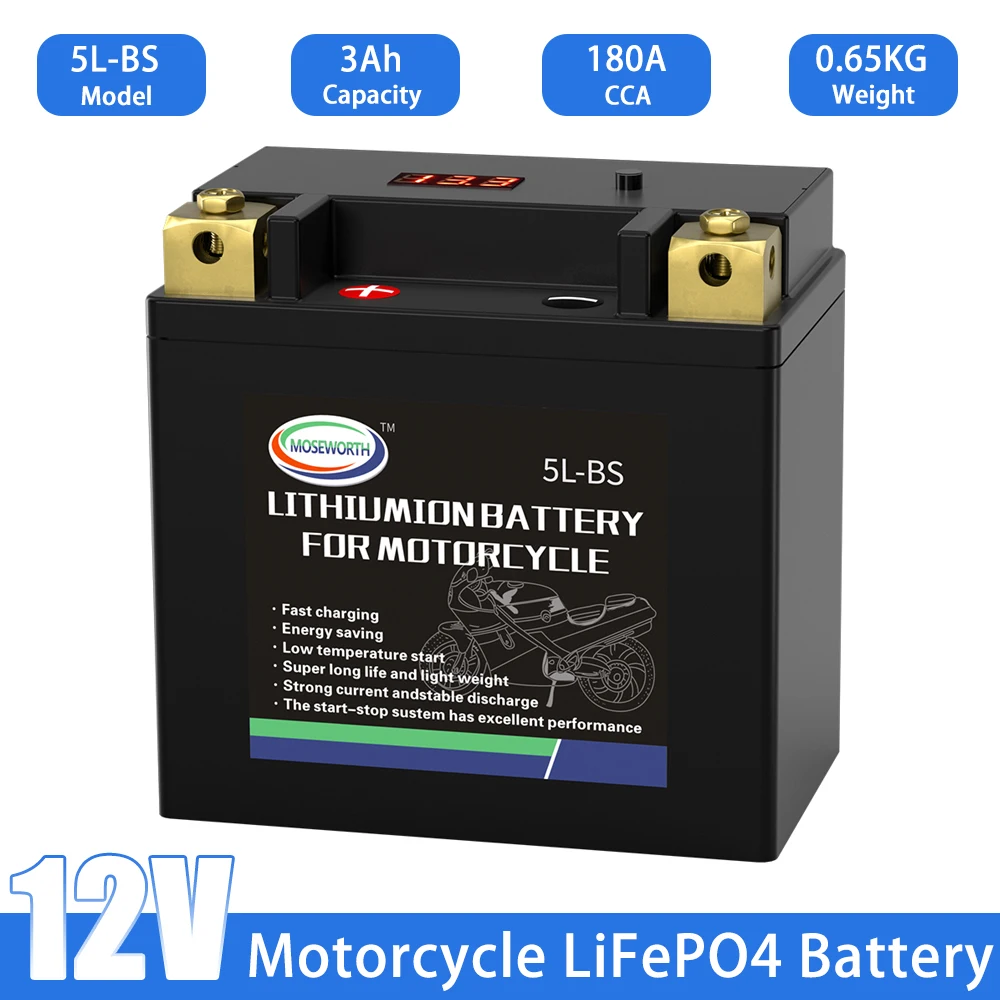 Motorcycle Starting Battery 5L-BS 12V LiFePO4 Lithium Iron Phosphate Battery Built in BMS 3Ah CCA180 for Scooter ATV UTV