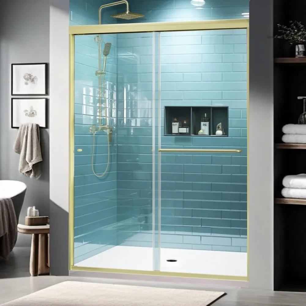 

56-60" W X 70" H Shower Doors, 1/4" (6mm) Clear SGCC Tempered Glass, Brushed Gold Finish, Reversible Installation, Shower Doors