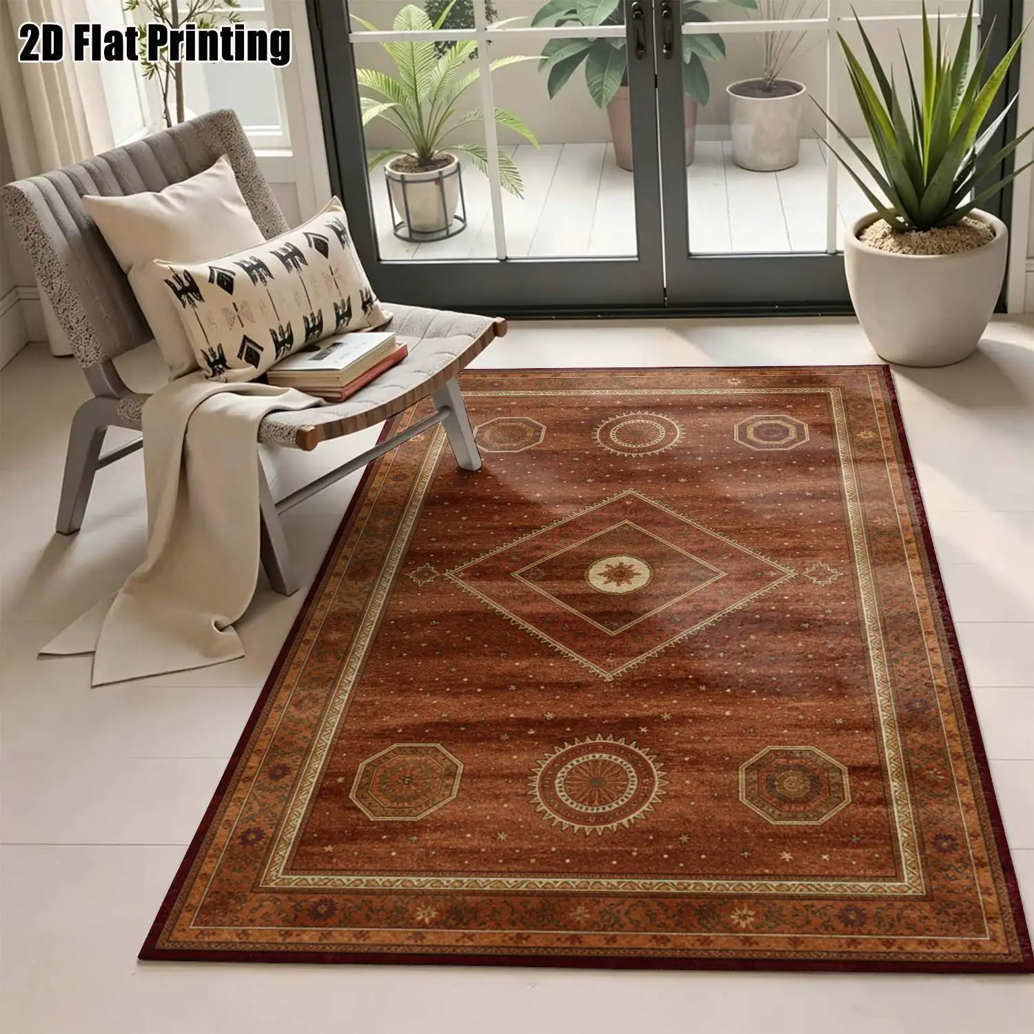 1Pc 2D Printed Retro Red-Brown Geometric Carpet: European, Bohemian Style, Home Decor, Multi-Size, Machine Washable, for Living Room, Bedroom, Dining Room, Entrance, Study