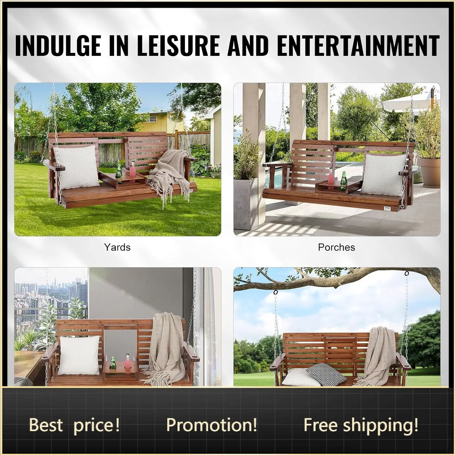Wooden Porch Swing 5 ft, Patio Bench Swing for Courtyard & Garden, Upgraded 880 lbs Strong Load Capacity, Heavy Duty Swing Chair