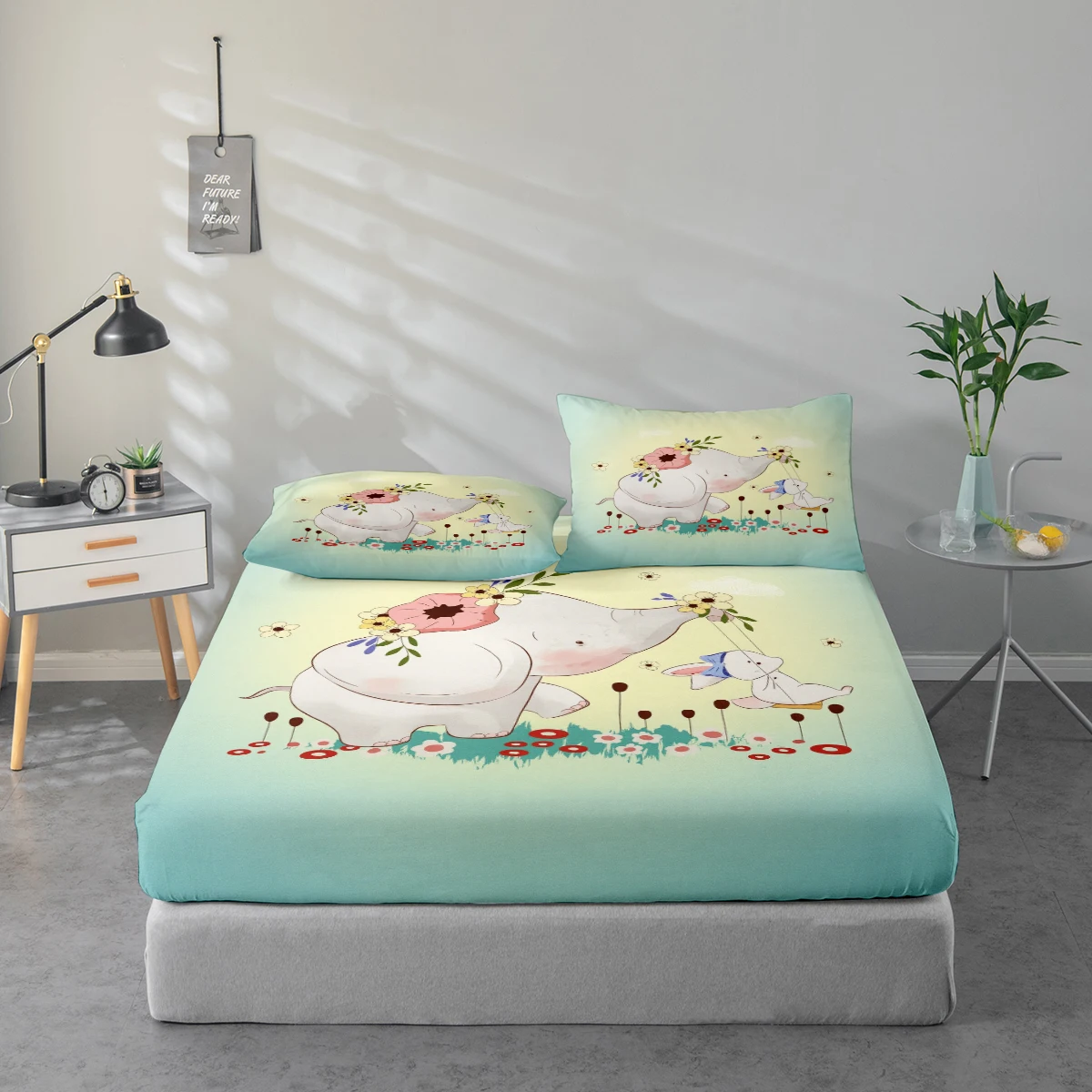 

Bed Sheet Set with Elephant and Rabbit Print Pattern, Mattress Protector and Pillowcase Combination. High-Definition Printed Bed Sheet Set Includes 1 Fitted Sheet + 1 or 2 Pillowcases (60*100cm and 72*132cm Are 1 Pillowcase Each, the Rest of the Sizes Are