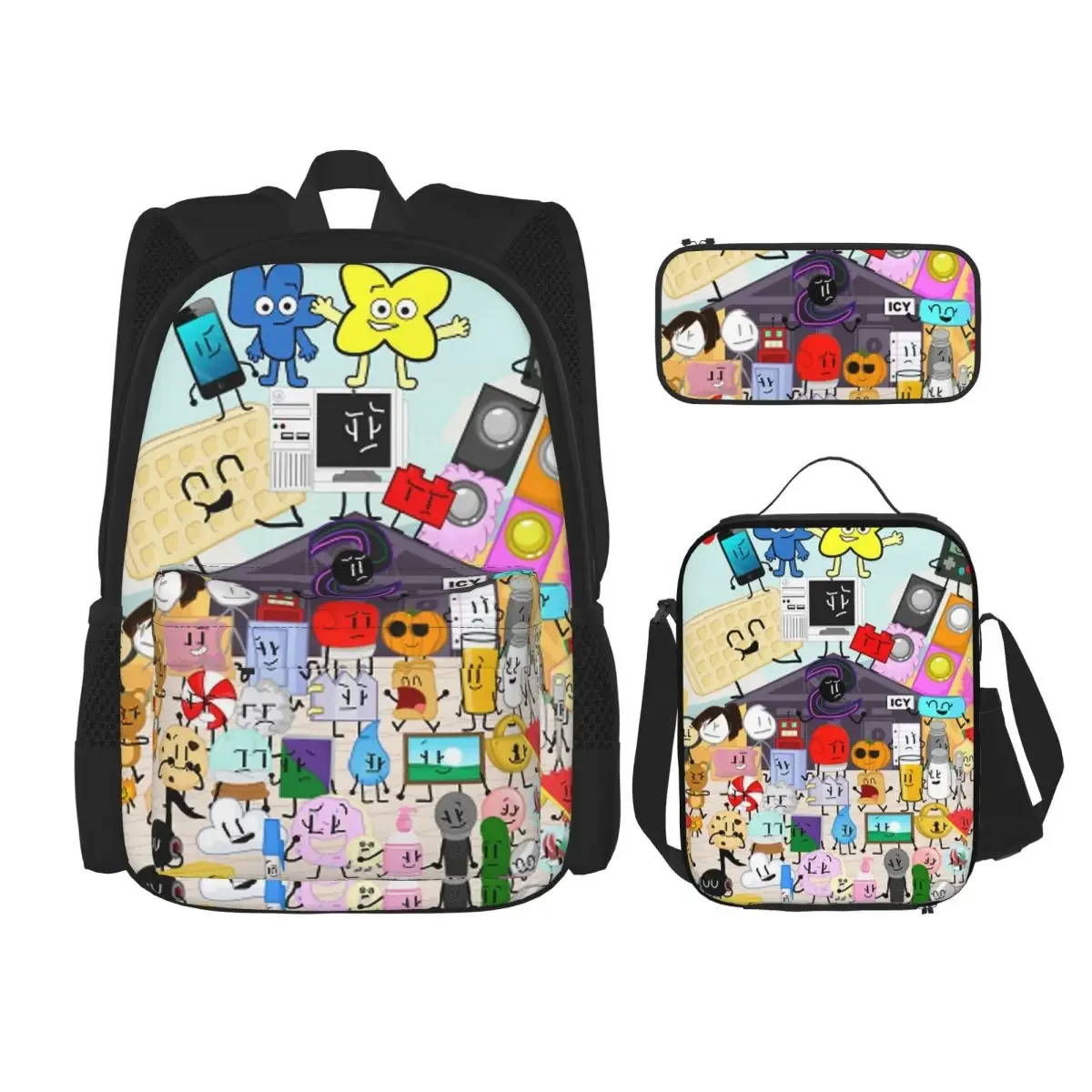 Object-All-Stars Poster BFDI Backpacks Boys Girls Bookbag Children School Bags Kids Rucksack Lunch Bag Pen Bag Three-Piece Set