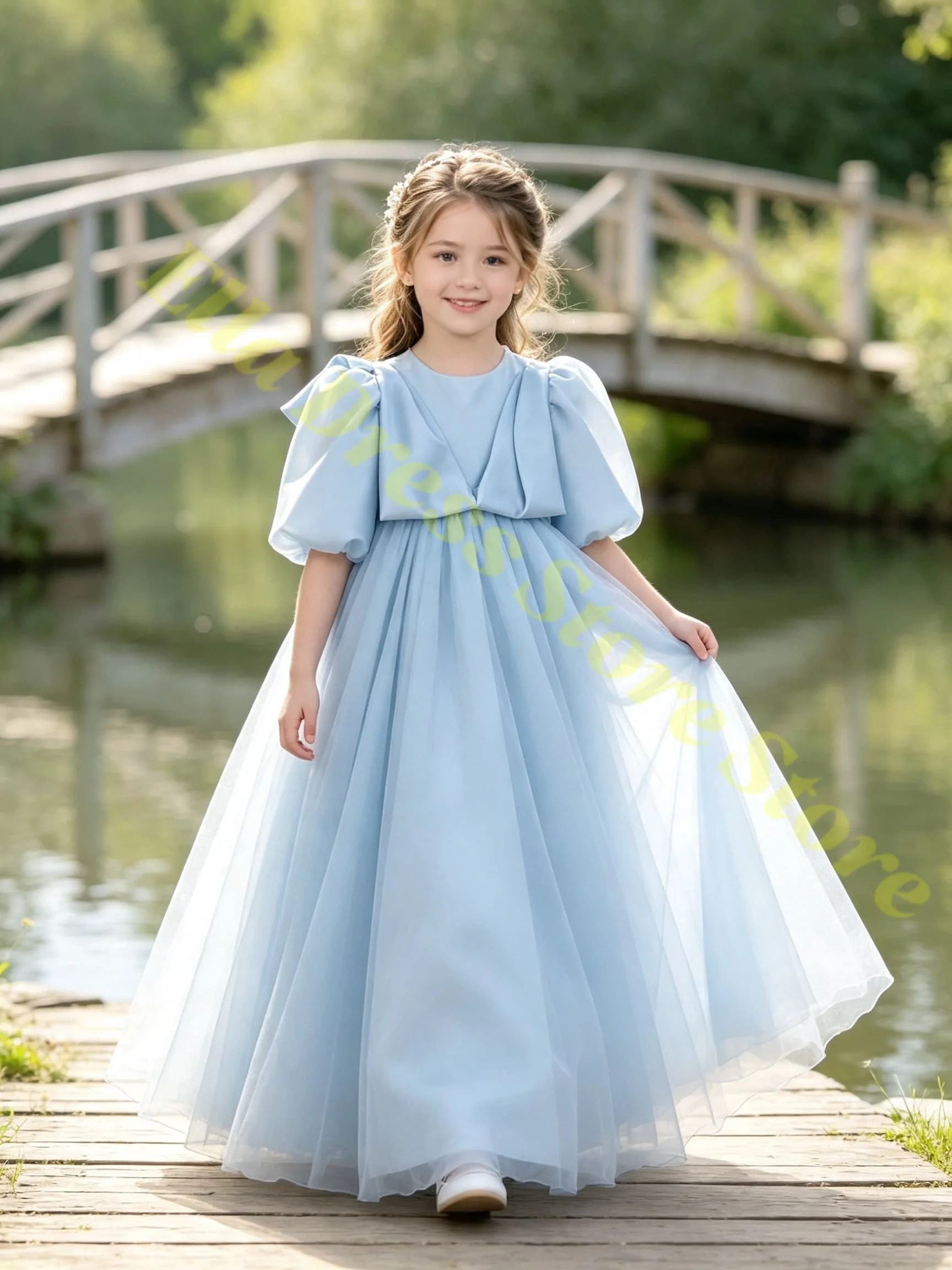 Mädchenkleid Satin Rosa Puffärmel Schleife Blumenmädchenkleid für Hochzeit Abendkleid Formelle Empfänge Partys Maßanfertigung Großhandel – Detail 4
